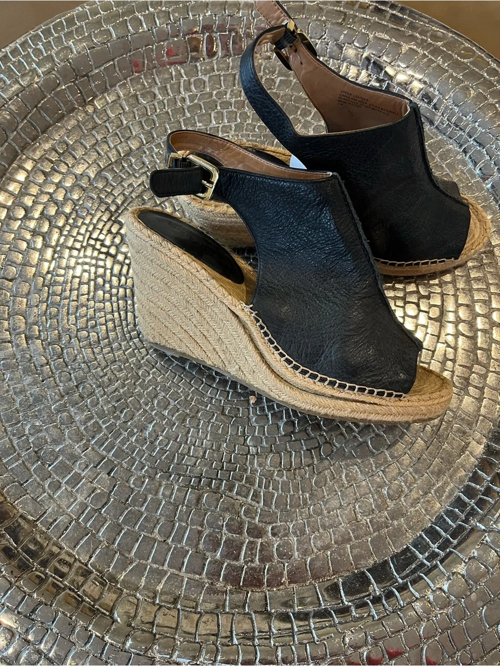 Like New Women's black leather wedge slides with back buckle - summer/fall sz11